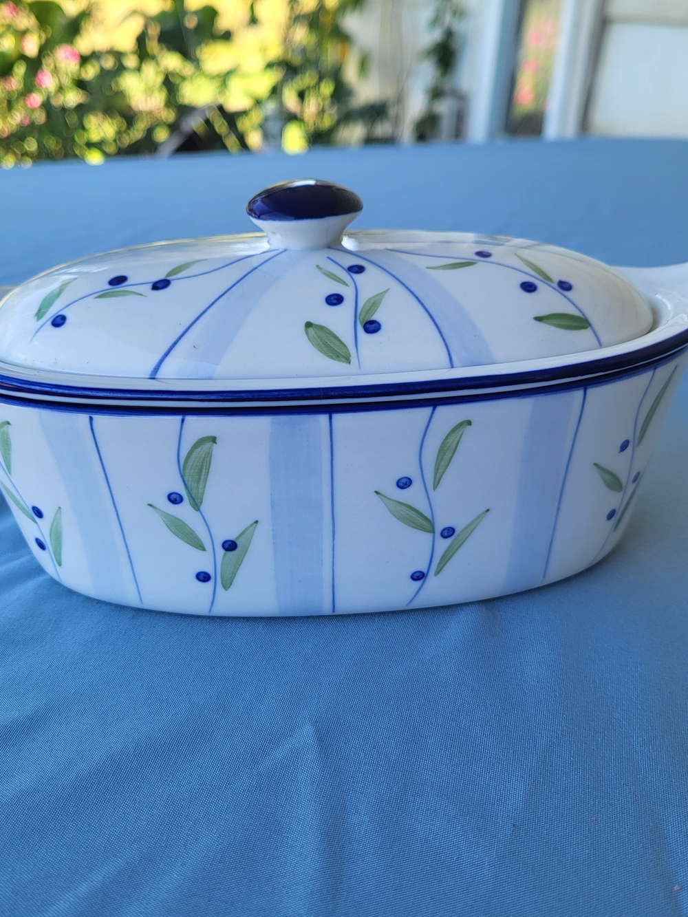 Cook Street Porcelain Butter Boat 3 PC Set Blue White Stripes Berries Vines Vtg